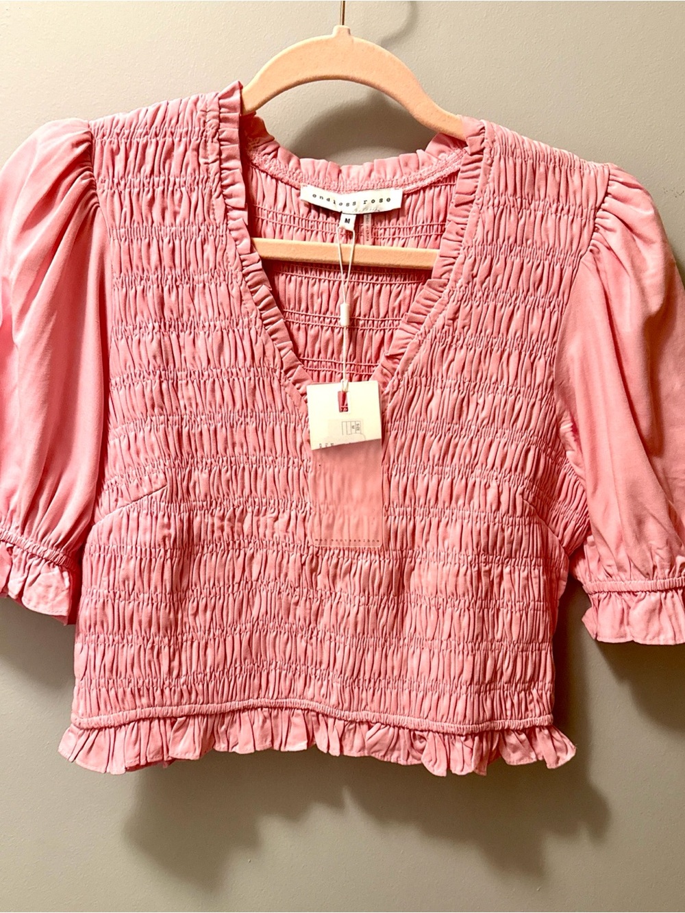 Endless Rose Pink Smocked V-Neck Puff Sleeve Cropped Top NWT